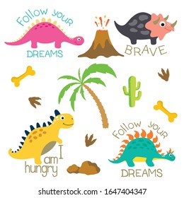 Cute vector dinosaurs isolated on white background. Dinosaur footprint, Volcano, Palm tree, Stones, Bone and Cactus.