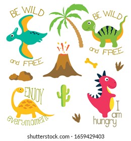 Cute vector dinosaurs isolated on white background. Dinosaur footprint, Volcano, Palm tree, Stones, Bone and Cactus.