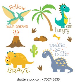 Cute vector dinosaurs isolated on white background. Dinosaur footprint, Volcano, Palm tree, Stones, Bone and Cactus.