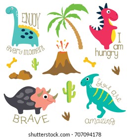 Cute vector dinosaurs isolated on white background. Dinosaur footprint, Volcano, Palm tree, Stones, Bone and Cactus.