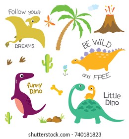 Cute vector dinosaurs isolated on white background. Dinosaur footprint, Volcano, Palm tree, Stones, Bone and Cactus.