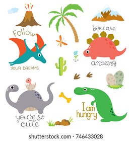 Cute vector dinosaurs isolated on white background. Dinosaur footprint, Volcano, Palm tree, Stones, Bone, Eggs and Cactus.
