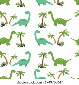 Cute vector dinosaurs, palms tree and stones. Children's colorful print  in cartoon style isolated on white background. Seamless pattern for card, poster, nursery fabrics, wallpapers, gift wrapping pa