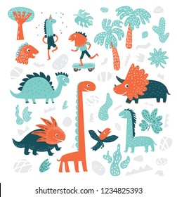 Cute vector dinosaurs set in cartoon style isolated on white background. Illustration of people in dinosaur masks, costume party, carnival, birthday party in cartoon style. For card, poster, nursery