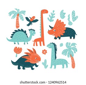 Cute vector dinosaurs set in cartoon style isolated on white background. For card, poster, nursery