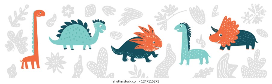 Cute vector dinosaurs set in cartoon style isolated on white background. For card, poster, nursery