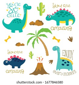 Cute vector dinosaurs set. Vector illustrations.