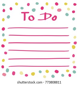 Cute vector to do list with color dots. To do list with color circles. School business home diary. Holiday notebook on white background with polka dots. Office stationery notebook. Cute vector design.