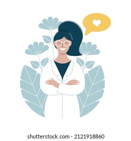 Cute vector doctor in white apron. A friendly woman. Medical flat concept. Thank you Doctor flat illustration. Isolated.