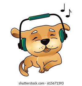 Cute vector dog, labrador puppy isolated on white, golden retriever in headphones listening to music