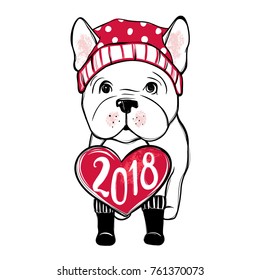 Cute vector dog in winter clothes. Fashion French bulldog puppy. Stylish animals. Clothing for pets. Cartoon illustration in sketch style. Print design.