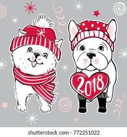 Cute vector dog in winter clothes. Fashion French bulldog and Pomeranian Spitz puppy. Stylish animals. Greeting card. Cartoon illustration in sketch style. Happy New Year 2018. 