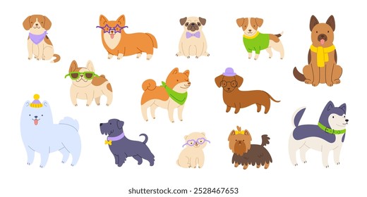 Cute vector dogs set. Cartoon dressed vector puppies collection. Dog breeds bundle.