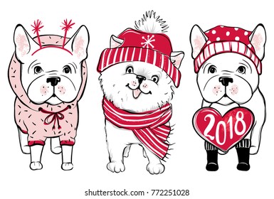 Cute vector dogs in winter clothes. Fashion French bulldog and Pomeranian Spitz puppy. Stylish animals. Happy New Year 2018. 