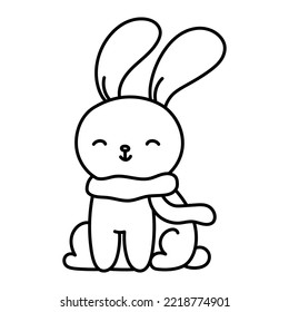 Cute vector doodle bunny with scarf, simple rabbit black and white illustration