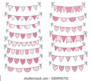 Cute vector doodle buntings in pink and white colors with outline for Valentine's day designs, greeting cards and decorations