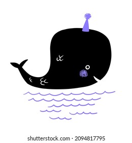 Cute vector doodle cartoon purple violet smiling whale swimming in the ocean wearing festive cap. Happy Birthday print postcard with sea waves