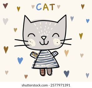 Cute vector doodle cat in blue, brown and grey colors, Animal illustration for kids and baby designs