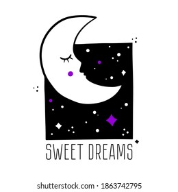 Cute vector doodle, hand drawn illustration with sleeping moon character and night sky with stars. Sweet dreams card.