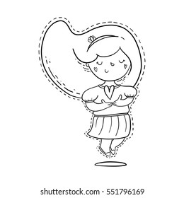 Cute vector doodle illustration of a girl in love. She holds a heart and is wearing a dress and looks like a princess. Can be used for coloring pages and nursery decoration.