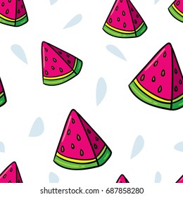 Cute vector doodle juicy summer watermelon slice seamless pattern background on white color