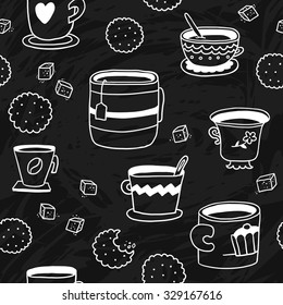 Cute vector doodle seamless pattern with cups, cookies and sugar on black chalkboard background