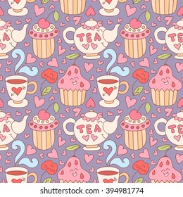 Cute vector doodle seamless pattern with sweets, teapot, cup, cupcakes and hearts. Happy birthday background.