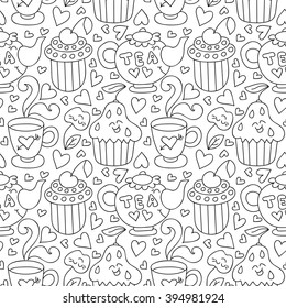 Cute vector doodle seamless pattern with sweets, teapot, cup, cupcakes and hearts. Happy birthday background.
