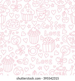 Cute vector doodle seamless pattern with sweets,coffee, teapot, cup, cupcakes and hearts. Happy birthday background.