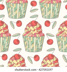 Cute vector doodle seamless pattern with cupcakes and cherry. Cupcake cherry print.