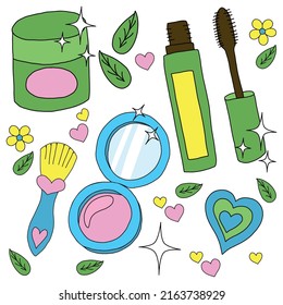cute vector doodle set of decorative cosmetics. cream, mascara, blush, makeup brush.