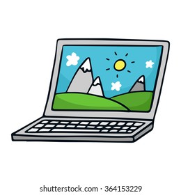 Cute vector doodle sketch of laptop, isolated on white