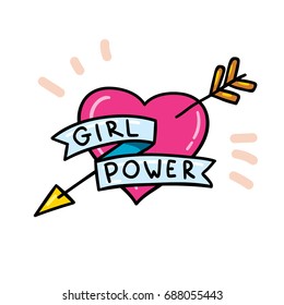 Cute vector doodle sketch style girl power feminism heart illustration isolated on white background