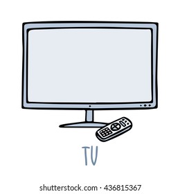 Cute vector doodle sketch TV set with remote control in blue tones, isolated on white