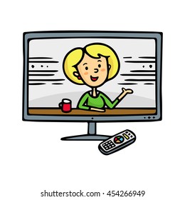Cute vector doodle sketch TV set with news anchor broadcasting with remote control, isolated on white