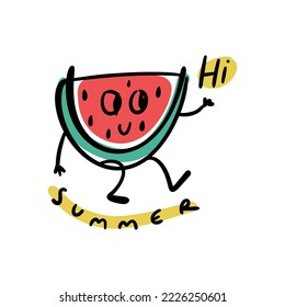 Cute vector doodle smiling funny groovy cartoon baby watermelon happy character saying Hi. Vitamin positive summer fruit lettering concept. Vector flat kawaii hand drawn adorable illustration