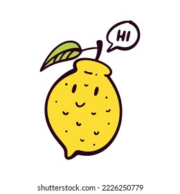 Cute vector doodle smiling funny groovy cartoon baby lemon happy character saying Hi. Vitamin positive fruit lettering concept. Vector flat kawaii hand drawn adorable illustration. Isolated on white