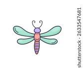Cute vector dragonfly in doodle style on white background. Perfect for kids’ prints, stickers, cards, or spring decor. Isolated stock illustration