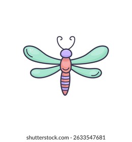 Cute vector dragonfly in doodle style on white background. Perfect for kids’ prints, stickers, cards, or spring decor. Isolated stock illustration