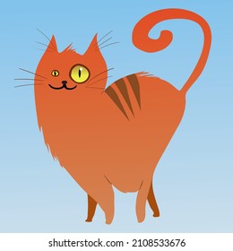 A cute vector drawing of a fat orange curvy cat. The animal has stripes on its back. He walks around very proudly. Orange fur and yellow eyes. Blue background.
