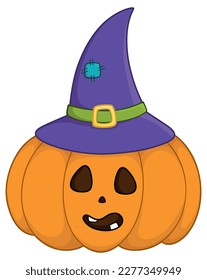 Cute vector drawing of a pumpkin head with a purple witch hat for Halloween