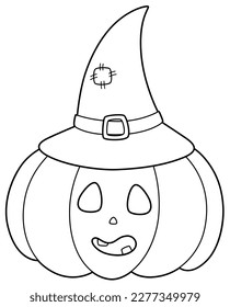 Cute vector drawing of a pumpkin head with a purple witch hat for Halloween, made in outline style
