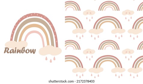 Cute vector drawing and seamless pattern with a rainbow and clouds on a white background. For printing on children's textiles and accessories.