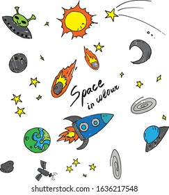Cute vector drawing of space. Planet, comet, rocket, pretty alien.
