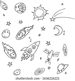 Cute vector drawing of space. Planet, comet, rocket, stars.