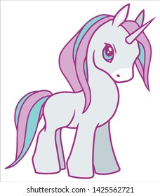 Cute vector drawing of a white cartoon unicorn with violet and light blue mane, suitable for children designs