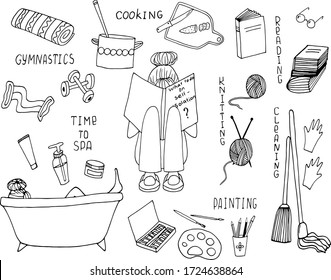 Cute vector drawn Doodle set about self-isolation, quarantine, Covid-19, stay at home, Hobbies and activities.Doodle icons, home elements Isolated on a white background.