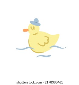 Pato vector lindo en un sombrero. Clipart para decoración de vivero, impresión de ropa, pegatina. Ilustración de dibujos animados aislados en un fondo blanco.