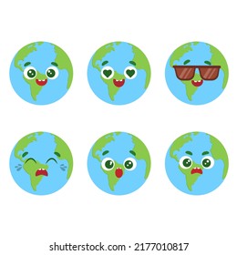 Cute vector earth set with different emotions isolated on white background. Globe emoji collection