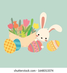 Cute vector easter bunny. Envelope with flowers